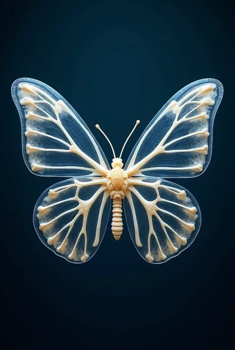 A highly detailed, ultra-high definition image of the complete biological features of the skeletal system of a butterflys entire body.    Transparent skin.    Very complex precise detailed.    Macro.    Dark blue background.    50mm lens.    Contrast the c...