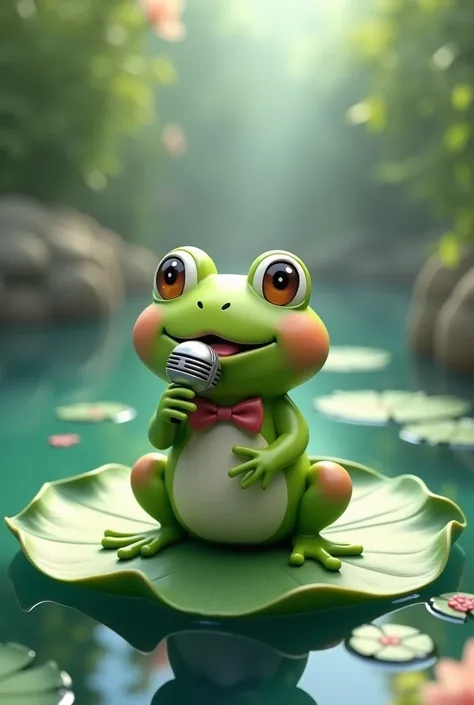 A singing frog，Lotus Leaf，microphone，pond，Bow，Pixar，3d，Rendering，cute，Cartoon