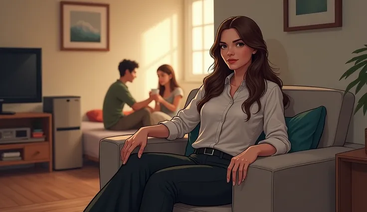 a pretty woman in office clothes with brown hair sitting on a modest sofa with a television, a fridge and a mattress on the side, two friends sitting on a chair in the corner laughing and drinking coffee.