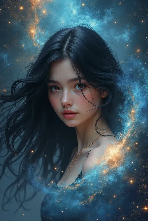 (best quality, masterpiece), 1girl, pose, particle, wind, flower, upper body, simple background, looking at viewer, black wildly hair, cosmic, nebulas, galaxy