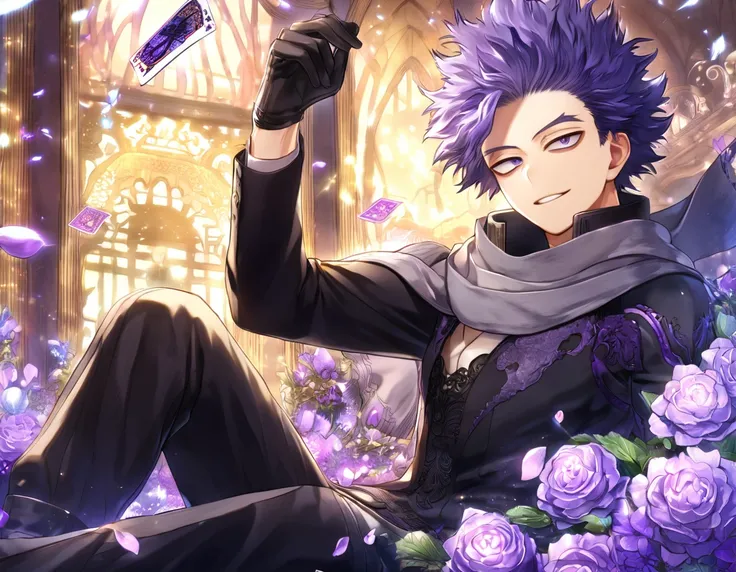 absurdres, highres, ultra detailed, HDR, master piece, Shinsou Hitoshi, indigo hair, expressive purple eyes, gray scarf, black clothes, black pants, Boku No Hero Academia, black gloves, Amnesia Memories, sexy man sitting, handsome, best quality, purple blo...