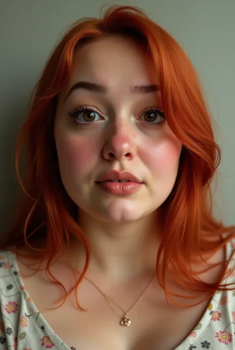 fotorrealism, a very plump Brazilian woman, straight red hair, sun-kissed, eyes black, large nose, Round face, very ugly. 