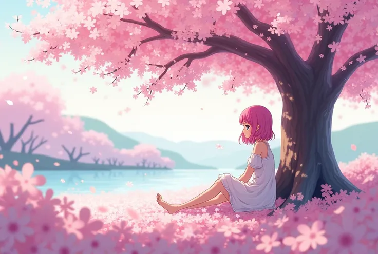  girl sitting under a cherry tree with pink hair and the pink flower landscape anime