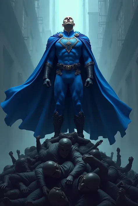 hero on top of a pile of bandits, hero as cape, uniform in blue color and has the symbol "M" in the middle of the chest, dark blue and black details