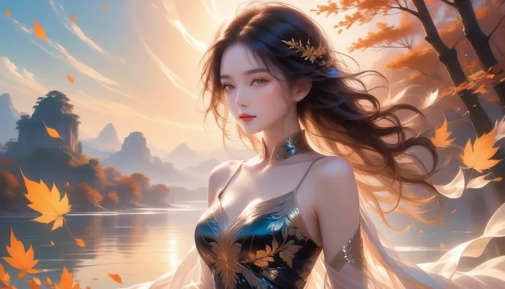 A Masterpiece In 32K Resolution, Supreme Quality, Super Detail, Official Art, Very High-Resolution 32K Wallpaper, Exquisite And Aesthetic, Ultra-Detailed Features, Awe-Inspiring Detail. A Mystical Landscape With (Falling Leaves), (Intricate Wind Patterns),...