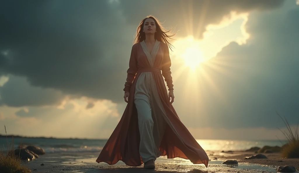 Create an ULTRA REALISTIC image of a clothed woman standing, triumphant, after a storm, as the sky begins to lighten and the sun&#39;s rays appear. convey depth.