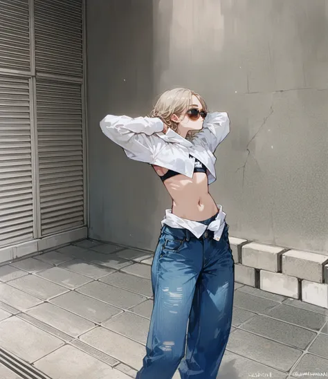 there is a woman in a White shirt and jeans posing,  cropped shirt and jacket, Shin Jinyoung, Wearing a sexy crop top, Opened the chest of the clothes, Cute shirt and jeans, White shirt and blue jeans, y2k style, Wearing crop tops, White shirt and jeans,su...