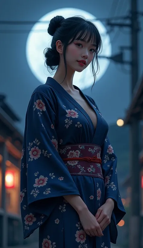 Japan Night、full moon、8.2、moonlight、kimono、ネイビー花柄のkimono、silk、A diligent smile、From the waist up、Beautiful smile、Ample breasts、Overflowing Chest、Busty、My nipples are erect、V-line chest、Realistic、Full Body、Deep neckline、V-neck、G Cup、Makes the subtle texture...