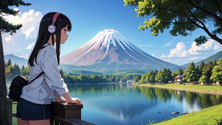 A girl listens to music on headphones while gazing at Mount Fuji across a lake in the morning. Ghibli-style drawing.