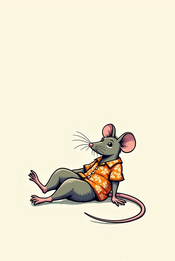 A minimalist cartoon rat wearing a bright Hawaiian shirt, leaning back in a chill posture. The drawing is simple and sketch-like, focusing on the relaxed, vacation-style attitude of the rat. The expressive line art highlights the casual and tropical vibe, ...