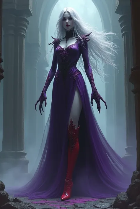 a gigantic female figure began to emerge. She was tall, majestic and terrifying at the same time. His skin was pale as a dead man&#39;s, contrasting with her silver hair that shone with dark purple highlights. Their eyes, a dead rose, were cold and devoid ...