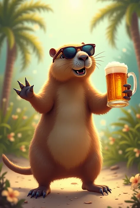 capybara dancing with sunglasses and drinking a beer