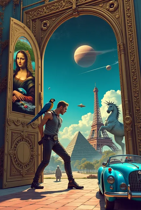 Un homme avec des vêtements futuristes pousse des deux mains des portes futuristes  avec la statue de la liberté  différentes sur la porte et devant lui une pyramide avec de lherbe et des animaux ,le tout ressemblent à la peinture que jai publié et un robo...