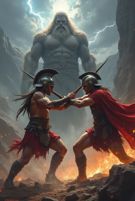 Make Ares a god of war but a teenager fighting another young man but make Ares violent but put helmets on them and make Zeus watching Ares fight but make Zeus a little dark 

