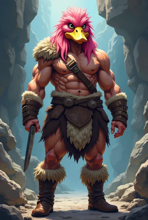 Conan style barbarian warrior but with a duck head, RPG, d&d, UOS style, Latest Online, pixel art, oil painting, ..because, retro game character concept art,  smiling, pink  hair, Symmetrical eyes, Rule of three, body detailed, whole body, face detailed, u...