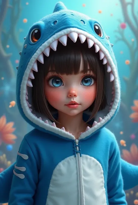 Create an image of a brown-skinned girl, straight brown hair and big, blue colored eyes, and blue shark costume
