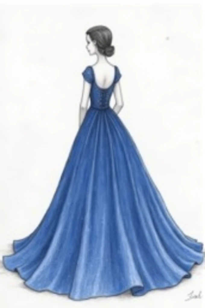 Pencil style drawing of a girl in a royal blue debutante dress from the back