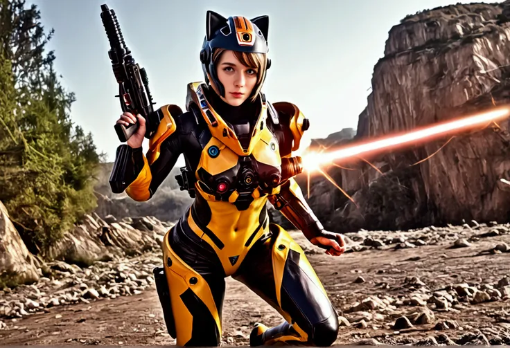 a cute girl (age 25,1girl), sci-fi action adventure suit, sexy, laser pistol, domed helmet, action pose shooting laser pistol at tentacle beast, color coordinated mecha nearby, (best quality,4k,8k,highres,masterpiece:1.2),ultra-detailed,(realistic,photorea...