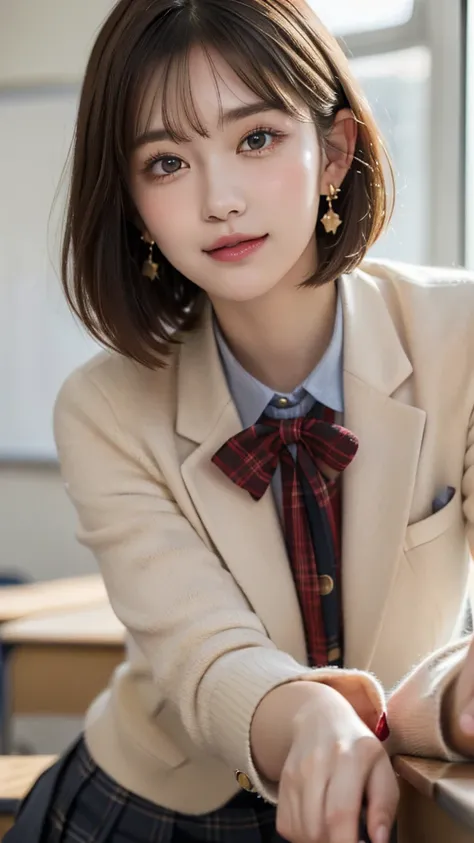 (A beautiful and cute high school girl in a school uniform is in a high school classroom during lunch break, She is wearing a blazer and a plaid pleated skirt as her uniform, with a red ribbon accent around her collar:1.3), 
BREAK 
(Photorealistic, 32k, RA...