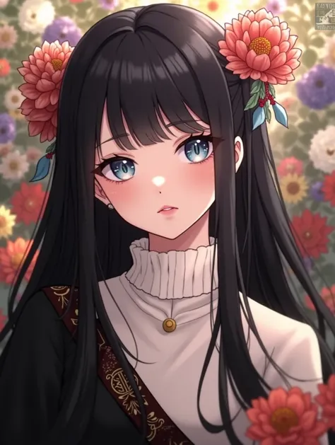 Demon slayer plantilla,girl with long black straight hair,blue eyes with Chinese letters in the pupil,White sweater,This stop is smiling around many flowers.