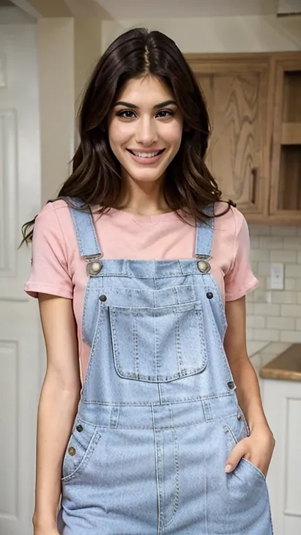 Amanda Setton dressed in pink overalls and smiling