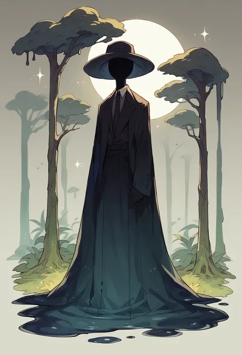 slime man, completely black skin, has no eyes, no nose, no mouth, no face, formal and refined clothing, formal and fine hat, in the background a forest at night,full body view