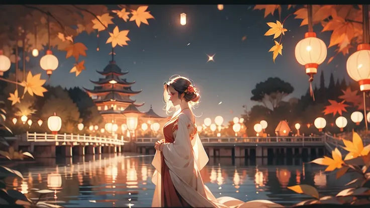 Autumn Night, Lanterns, 1 woman, Sweet Nighttime Experience