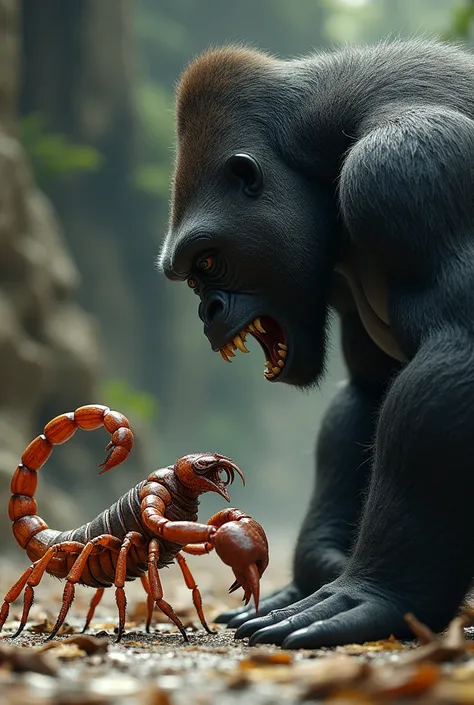 Scorpion and Gorilla fight scene looking at each together 