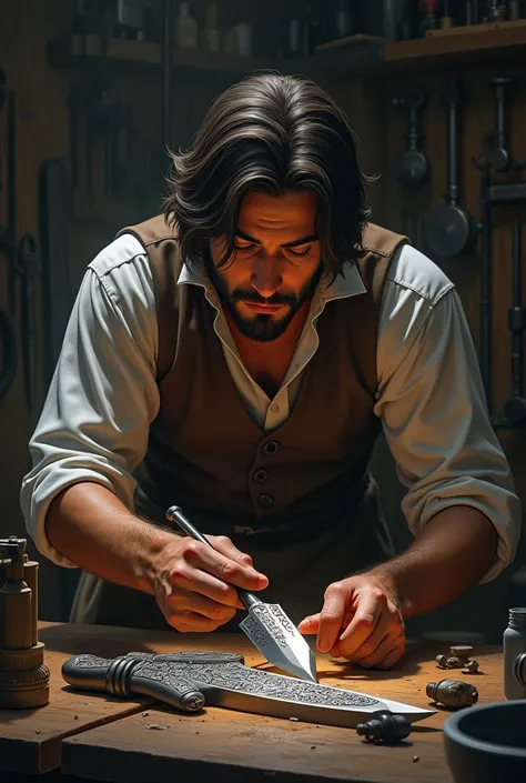 a light brown man, with straight hair and beard, designing a weapon