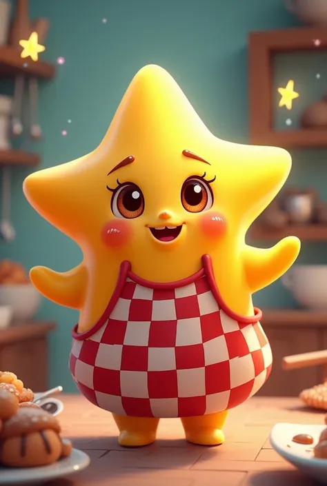 A cute animated star wearing a red and white checkered apron 