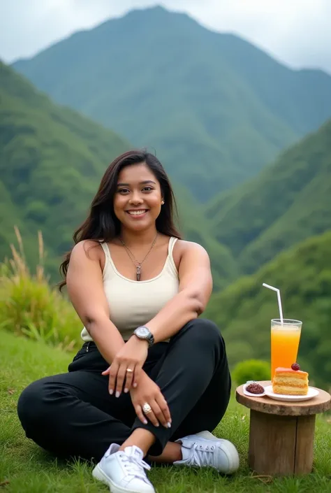 Amazing 8k portrait photo of a beautiful Indonesian woman with a smiling face showing her plump body and creamy white vest, black baggy pants and white sneakers. The man sat cross-legged on the hill., smiling surrounded by lush green grass, there is a smal...