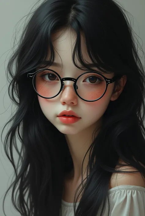 One girl, Long Hair, Black Hair, Glasses,freckles,