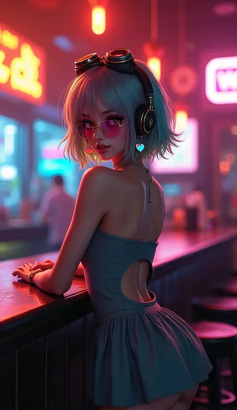 A girl in a grey mini dress is standing at a bar, short hair, Rainbow Hair, Shiny Hair, Goggles on head, [sunglasses, Headphones, Shining Eyes, Heart Earrings, compensate, smile, shy, Happy, Cinematic Lighting, close, Eye-level shot, masterpiece, Ultra-hig...