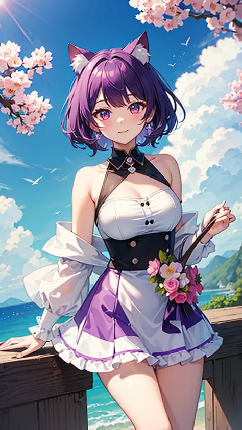 work of art, higher quality, super verbose,3),cute, Kizi , standing alone, purple hair short bangs, Tube Top Dress,white cute mini skirt,ssmile, flowers, spring time,blue sky,Eyes red, breasts big, cat ears, 