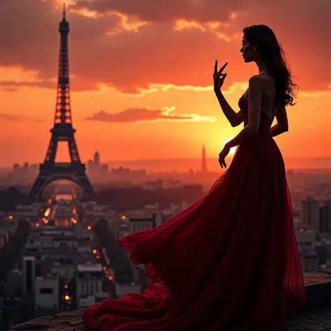 A silhouette of a beautiful and elegant woman looking back and waving。The background is Paris at sunset。