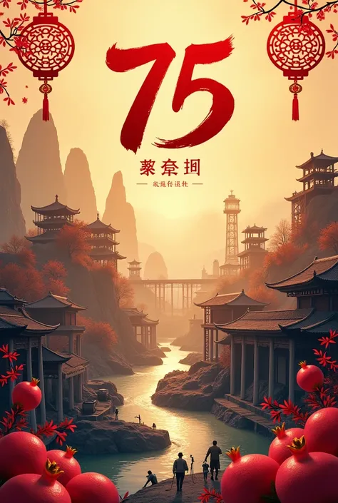 Creative poster to celebrate the 75th anniversary of the founding of New China
Coal mine in progress
Ancient canal town
New energy vehicles being charged
Twin towers
Chinese knots and pomegranates dotted around
Conspicuous red number "75" in official scrip...