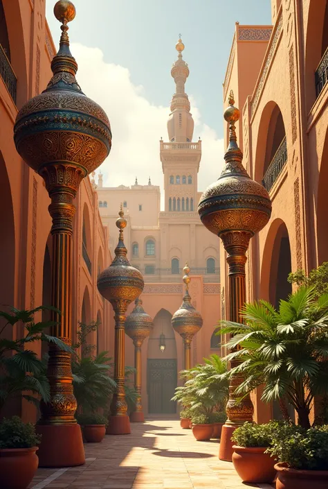 A courtyard with many arabic antennas