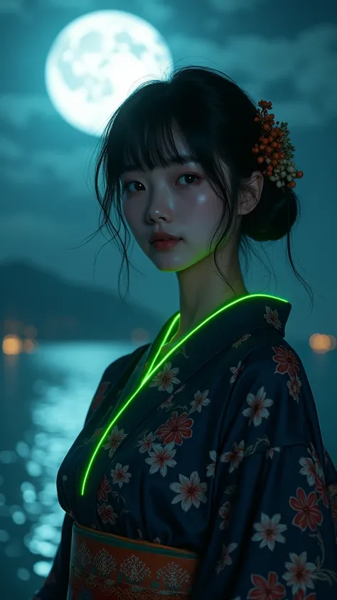 Japan Night、full moon、1.1、moonlight、kimono、Navy floral kimono、silk、A diligent smile、From the waist up、Beautiful smile、Ample breasts、Overflowing Chest、Busty、My nipples are erect、V-line chest、Realistic、Full Body、Similar to Ebihara Mayoi, (Extreme Light and S...