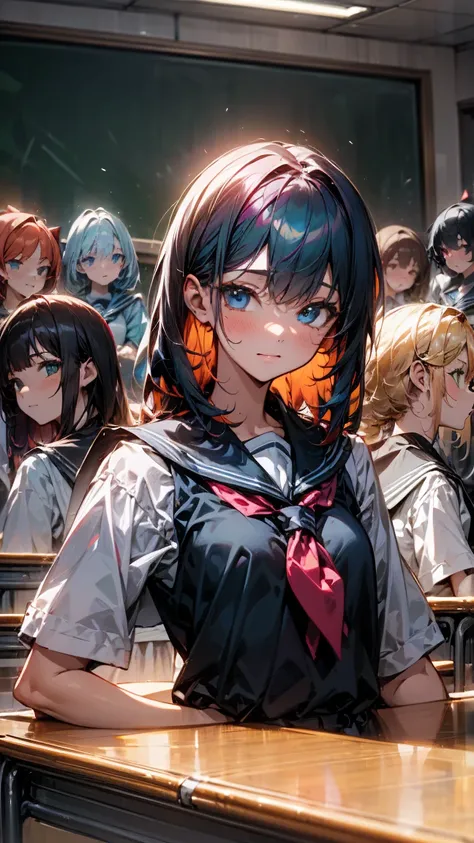 (((10 schoolgirls.))) The first one has long yellow hair and green eyes.. The second one has short white hair and blue eyes.. The third one has long red hair and red eyes.. The fourth one has blue hair. The fifth has black hair. The sixth one has purple ha...