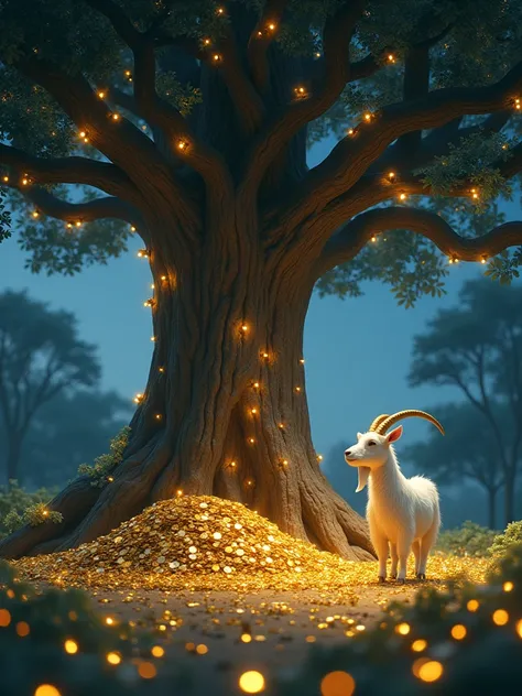 A serene night scene with a large, majestic tree decorated with sparkling fairy lights. At its base, piles of gleaming gold coins create a sparkling landscape. In the foreground, a white goat stood proudly among many coins. The atmosphere is enchanting and...