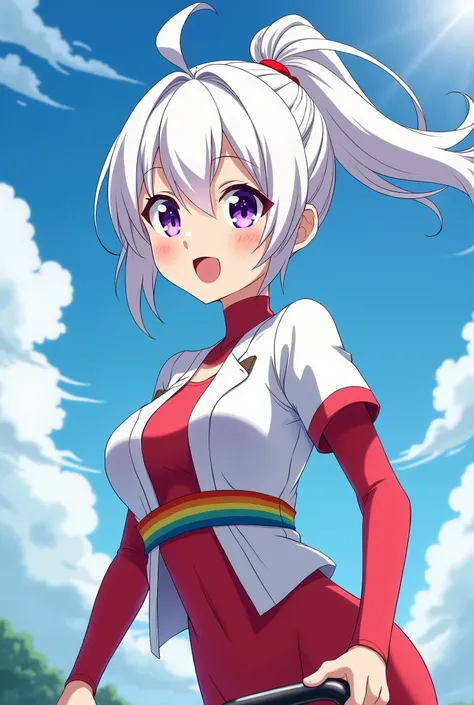 HD、Animation style、white hair 、Purple Eyes、girl、plump breasts 、High school student 、single ponytail、Baseball player、Light color short sleeve top、Long sleeve red underwear、Good shape、Thin、sash、Sky、cloud、sunny、Cycling