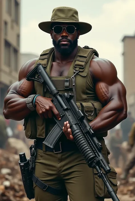 Muscular black soldier with hat on head wearing sunglasses with gun in hand at war 