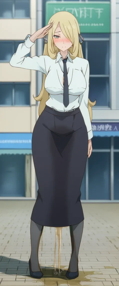 (high quality,Very detailed:1.37, High resolution), 2d, anime, anime style, anime source, Woman, Cynthia (Pokemon), business suit, necktie, (long skirt:1.25), (pencil skirt:1.5), pantyhose, huge breasts, cleavage, looking at viewer, masterpiece, best quali...