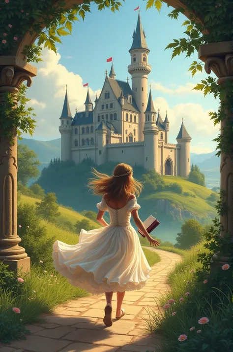 Princess running to the castle arriving in her room with diary in hand 