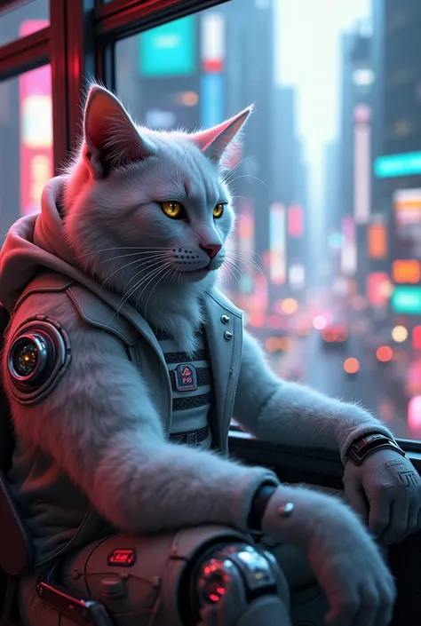 White Tayo bus combination of cyberpunk furry cat during the day