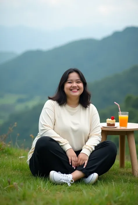 Amazing 8k portrait photo of a beautiful Indonesian woman with a smiling face showing her plump body and a creamy white trandy dress, black baggy pants and white sneakers. The man sat cross-legged on the hill., smiling surrounded by lush green grass, there...