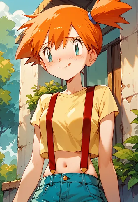 masterpiece,high resolution,highest quality,8k
(misty_pokemon,skinny,small breasts)
(yellow sleeveless t-shirt,belly button expo...