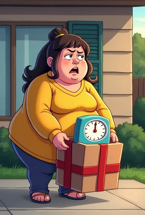 A fat woman open a gift box at her house drive way window and found out it was a bathroom scale and she is angry funny cartoon