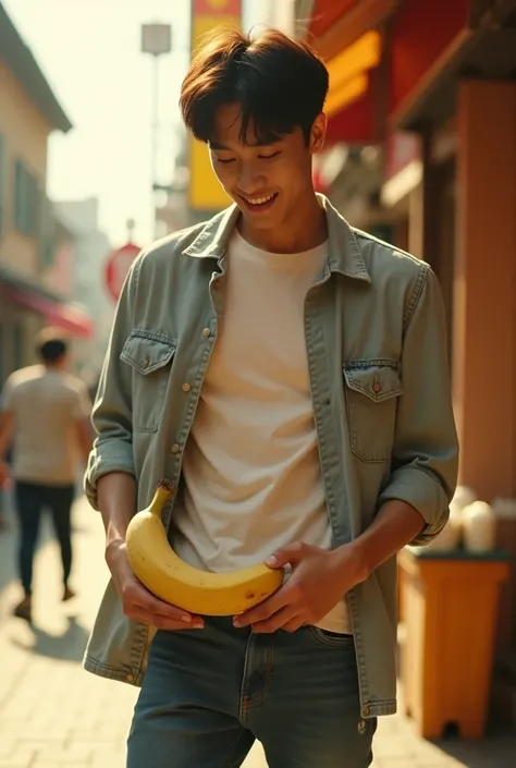 Wide shot,A korea young man,deep brown hair , good iris,wearing jeans ,warm color palette, take a big banana out of jeans，taiwan street background, ulzzang,warm scene photography,cinematic, Lomo lens shooting technique background blur, giggle/Smug laughter...