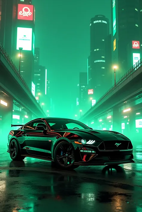 Second gen black mustang  with green  led background black in cyber city